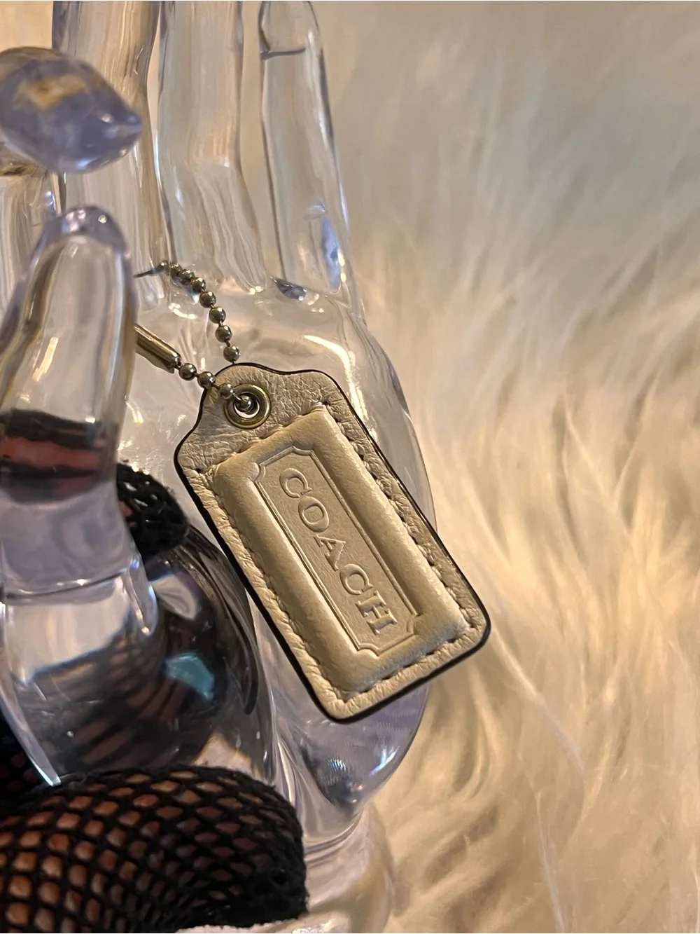Coach Cream Leather Logo Tag Keychain
